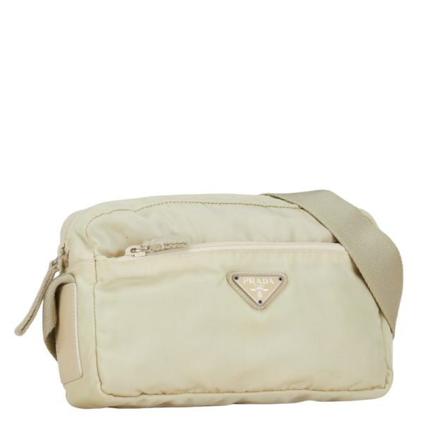 1 0153697 2 Prada Triangle Logo Plate Shoulder Bag Beige Ivory Nylon Leather