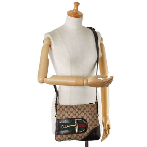 1 0154499 13 Gucci GG Canvas Horsebit Sherry Line Shoulder Bag Brown