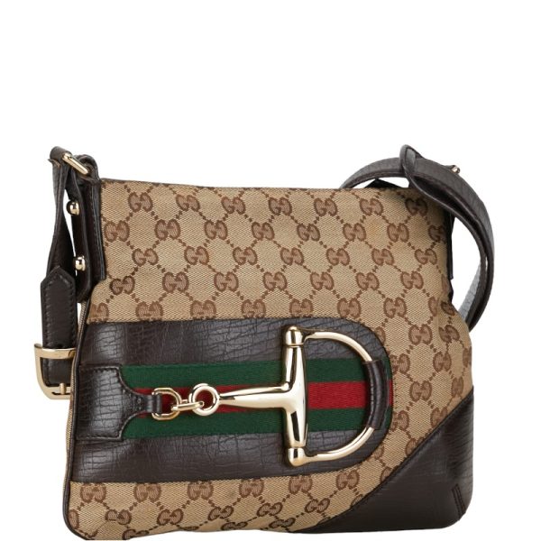 1 0154499 2 Gucci GG Canvas Horsebit Sherry Line Shoulder Bag Brown