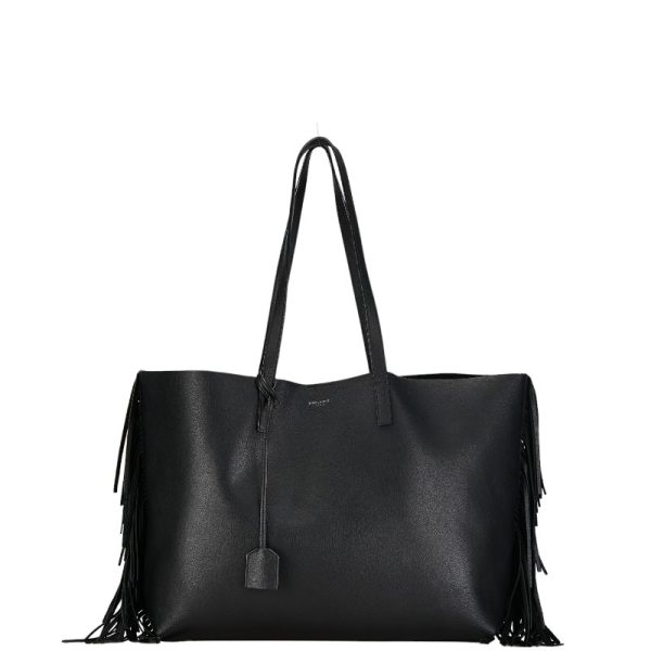 1 0156270 2 Saint Laurent Sack Shopping Fringe Tote Bag Black Leather