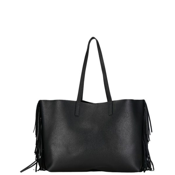 1 0156270 4 Saint Laurent Sack Shopping Fringe Tote Bag Black Leather