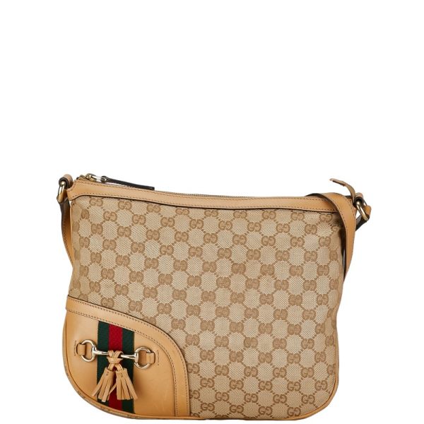 1 0156466 1 Gucci GG Canvas Horsebit Tassel Crossbody Shoulder Bag 232967 Beige Canvas Leather