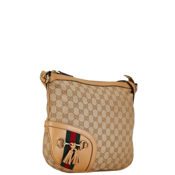 1 0156466 2 Gucci GG Canvas Horsebit Tassel Crossbody Shoulder Bag 232967 Beige Canvas Leather