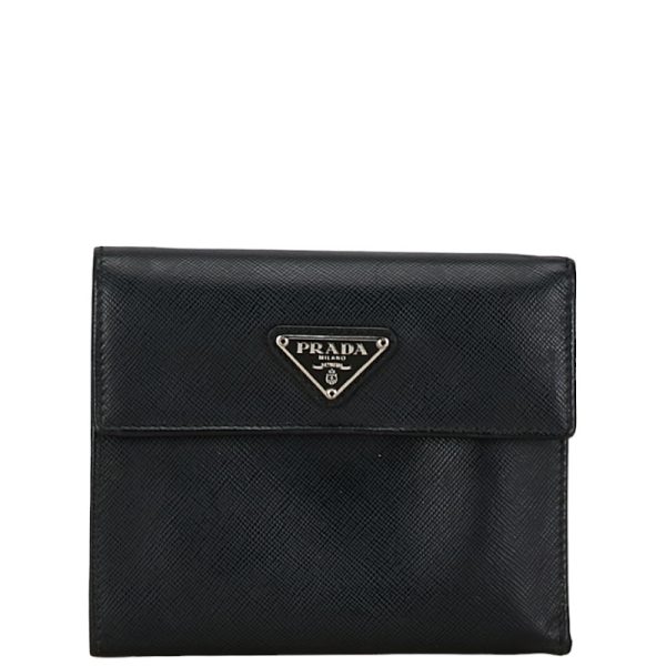 1 0156924 1 Prada Saffiano Triangle Logo Plate Trifold Compact Wallet Black Leather