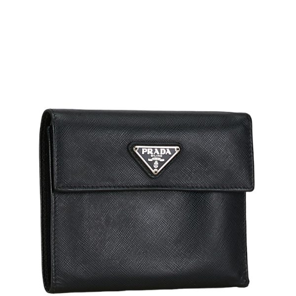 1 0156924 2 Prada Saffiano Triangle Logo Plate Trifold Compact Wallet Black Leather