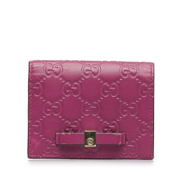 104225tuj2afsn21 1 Gucci Guccishima Bow Ribbon Motif Bifold Wallet Card Case Holder Pink