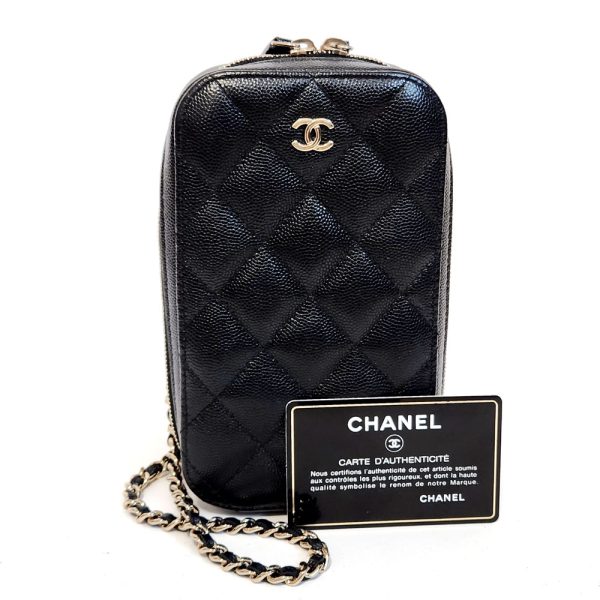 1119 9 CHANEL Matelasse Phone Holder Caviar Leather Black