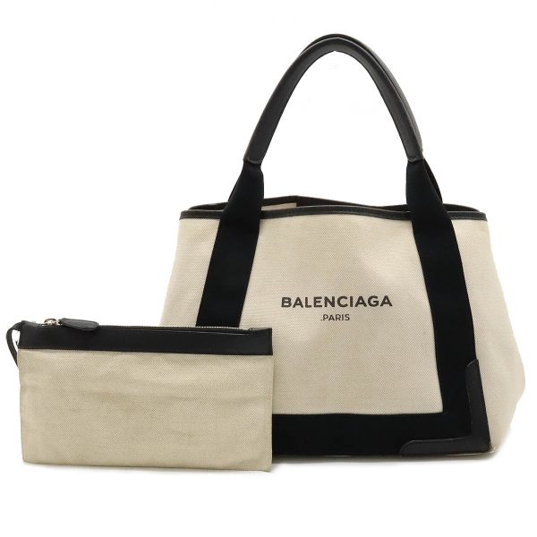 12380680 1 Balenciaga Navy Hippo S Logo Canvas Leather Tote Bag Natural Black