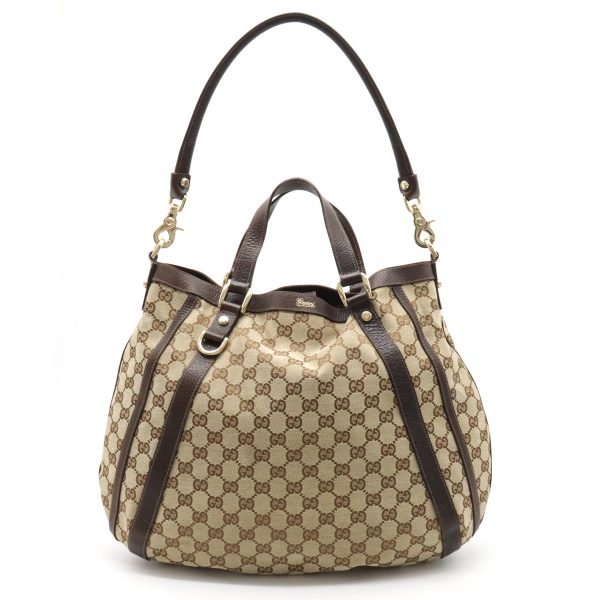 12400899 1 Gucci GG Canvas Tote Bag Leather Beige Brown