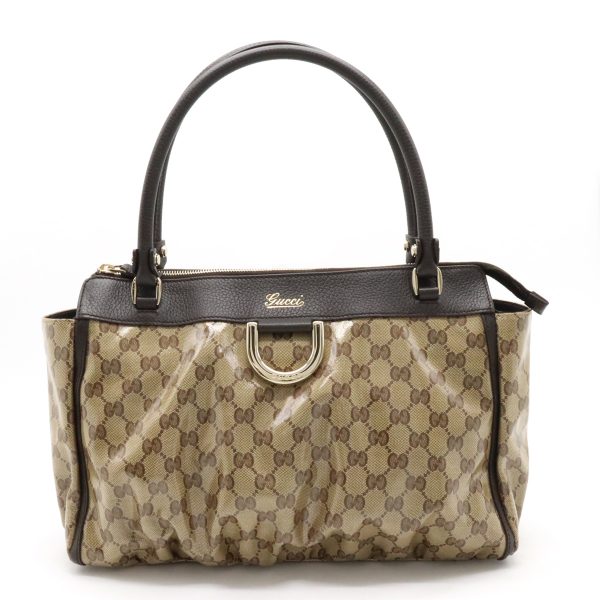 12401142 1 Gucci GG Crystal Tote Bag Canvas Leather Khaki Beige Brown