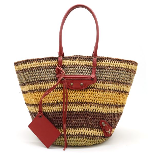 12440427 1 Balenciaga Basket Raffia Straw Leather Tote Bag Multicolor Red