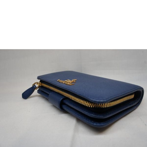 14102 3 PRADA Prada Saffiano Leather L Shaped Zip Wallet Bag Blue