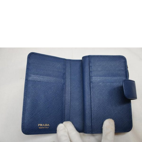 14102 4 PRADA Prada Saffiano Leather L Shaped Zip Wallet Bag Blue