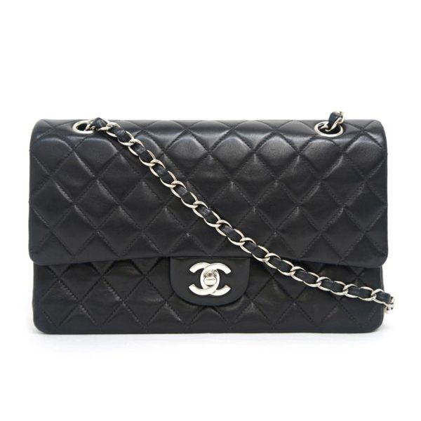 17308 1 Chanel Matelasse W Flap Chain Shoulder Bag Black SV Metal Fittings