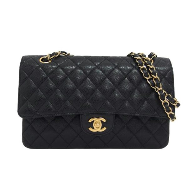 17333 1 Chanel Matelasse Caviar Skin W Flap Chain Shoulder Bag Black