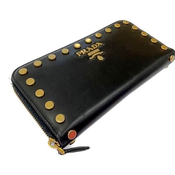 178975 3 Prada Leather Gold Studs Long Wallet Black