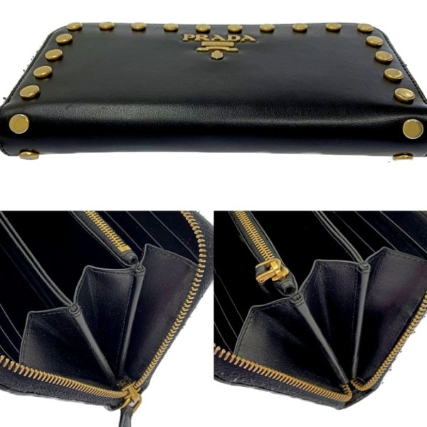 178975 7 Prada Leather Gold Studs Long Wallet Black