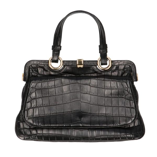 18507 1 Bottega Veneta Croco Leather Hand Bag Black Gold