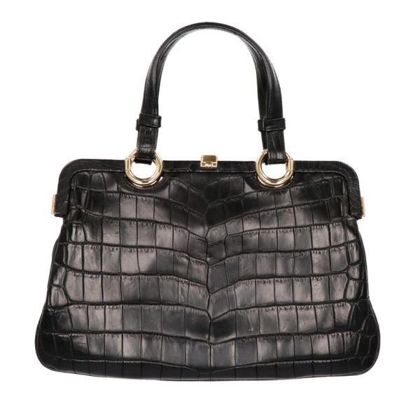 18507 2 Bottega Veneta Croco Leather Hand Bag Black Gold