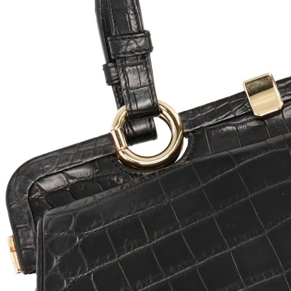 18507 6 Bottega Veneta Croco Leather Hand Bag Black Gold