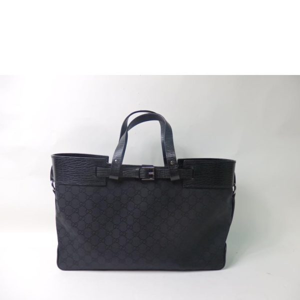 18698 2 Gucci GG Canvas Leather Tote Bag Black