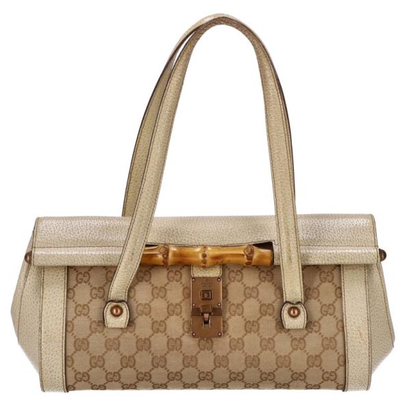 18985 1 Gucci GG Canvas Bamboo Semi Shoulder Bag Creme