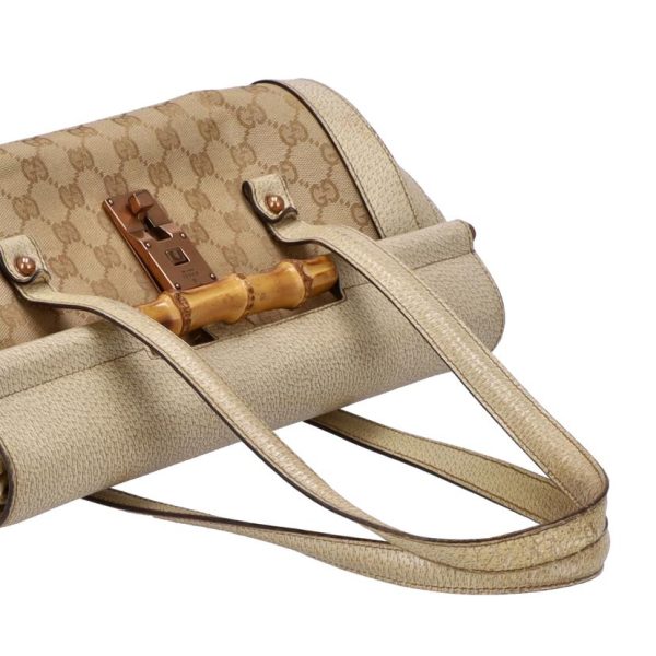 18985 4 Gucci GG Canvas Bamboo Semi Shoulder Bag Creme