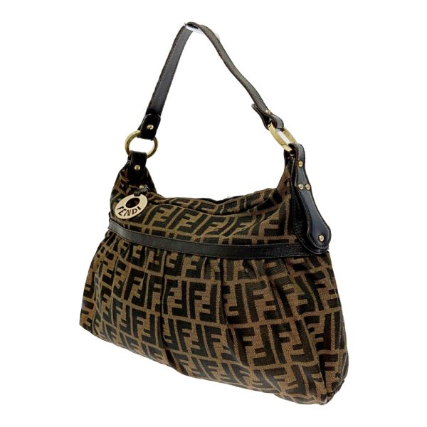 194597 2 Fendi Canvas Leather Zucca Pattern One Shoulder Bag Brown