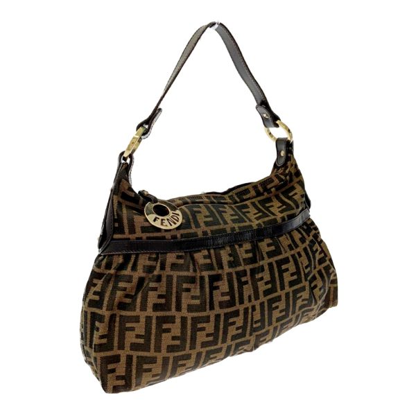 194597 3 Fendi Canvas Leather Zucca Pattern One Shoulder Bag Brown