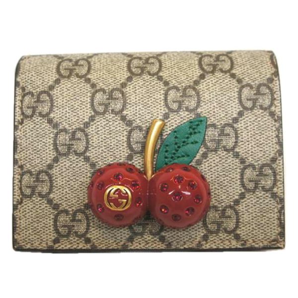 19534 1 Gucci GG Supreme Cherry Compact Wallet Beige