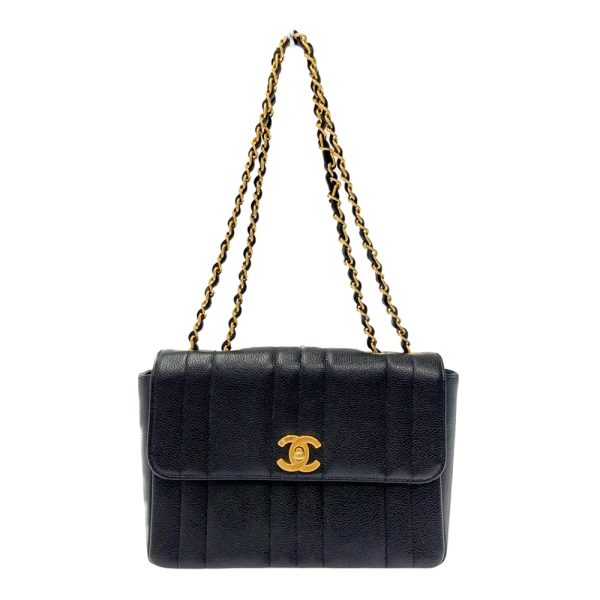 195985 1 CHANEL Caviar Skin Mademoiselle Stripe W Chain Shoulder Bag Black