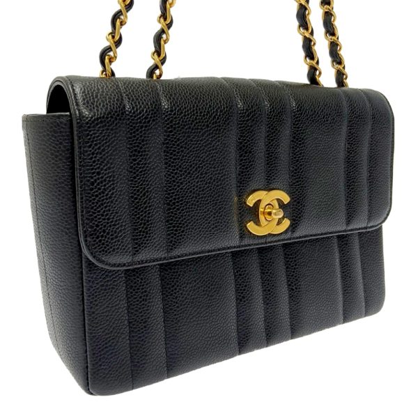 195985 3 CHANEL Caviar Skin Mademoiselle Stripe W Chain Shoulder Bag Black