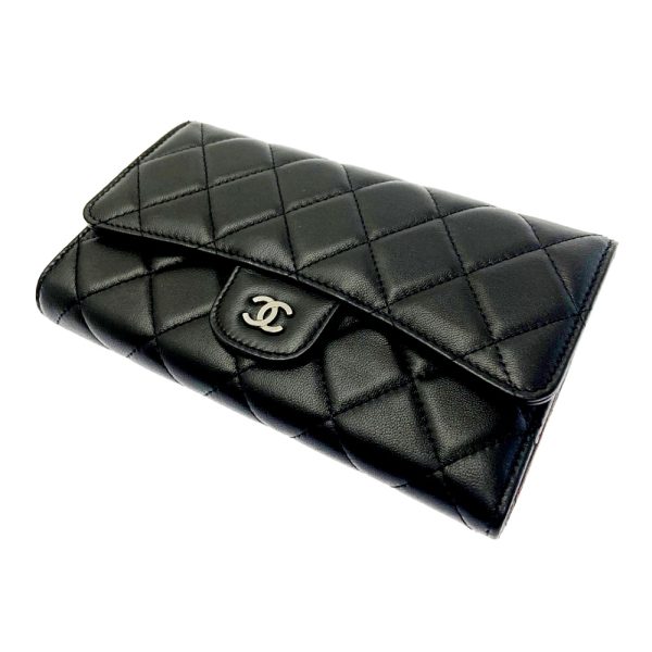 196715 2 CHANEL Matelasse Lambskin Coco Mark Trifold Long Wallet Black