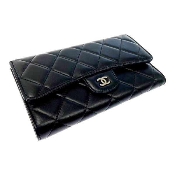 196715 3 CHANEL Matelasse Lambskin Coco Mark Trifold Long Wallet Black