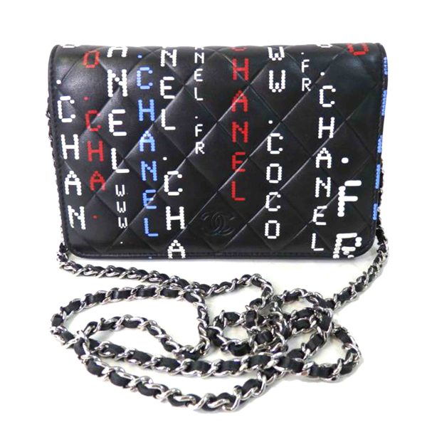 19934 1 Chanel Matelasse Typography Chain Wallet Shoulder Bag Black