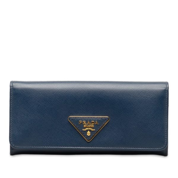 1a0utzsvm4nidxnu 1 Prada Triangle Logo Plate Saffiano Long Wallet Blue Leather