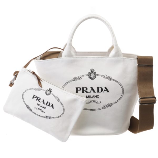 1bg186ooozki009 PRADA Canapa Canvas Fabric Tote Bag with Pouch White