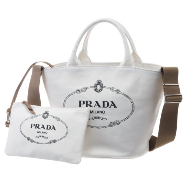 1bg186ooozki009 1 PRADA Canapa Canvas Fabric Tote Bag with Pouch White