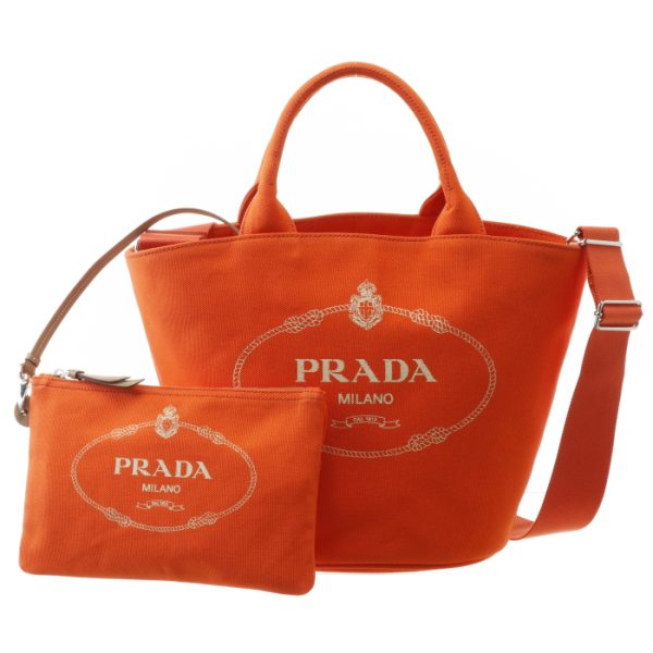 1bg186ooozki049 PRADA Canapa Canvas Fabric Tote Bag with Pouch Orange