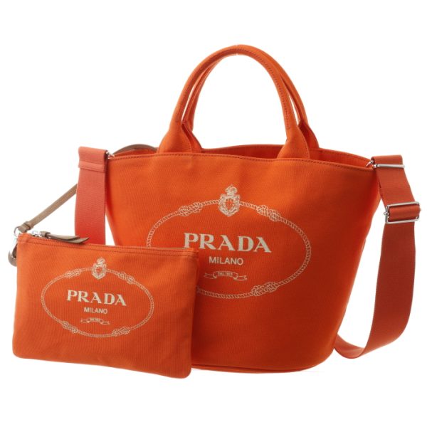 1bg186ooozki049 1 PRADA Canapa Canvas Fabric Tote Bag with Pouch Orange