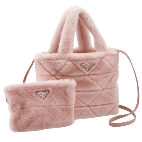 1bg378woo2ec9615 PRADA Shearling Tote Triangle Shoulder Bag Pink