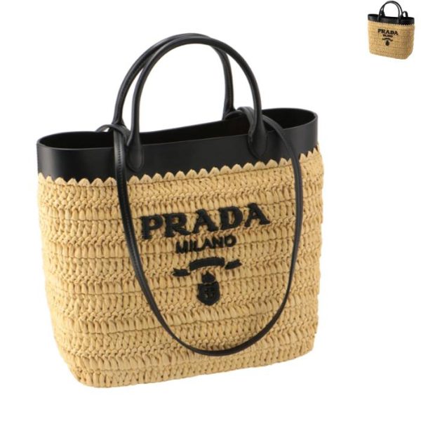 1bg500goo2m2q PRADA Tote Bag Crochet Double Handle Lettering Logo Basket