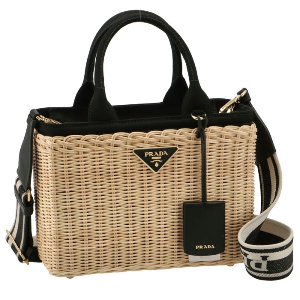 1bg8353oy2e28i55 PRADA Wicker Canvas Basket Bag Beige Black