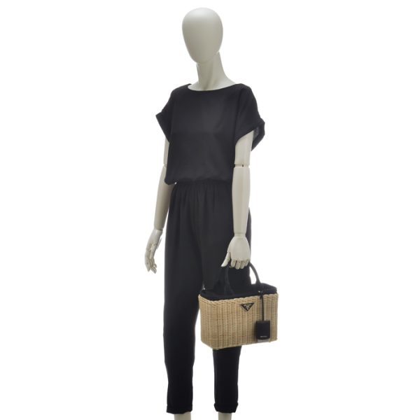 1bg8353oy2e28i55 8 PRADA Wicker Canvas Basket Bag Beige Black