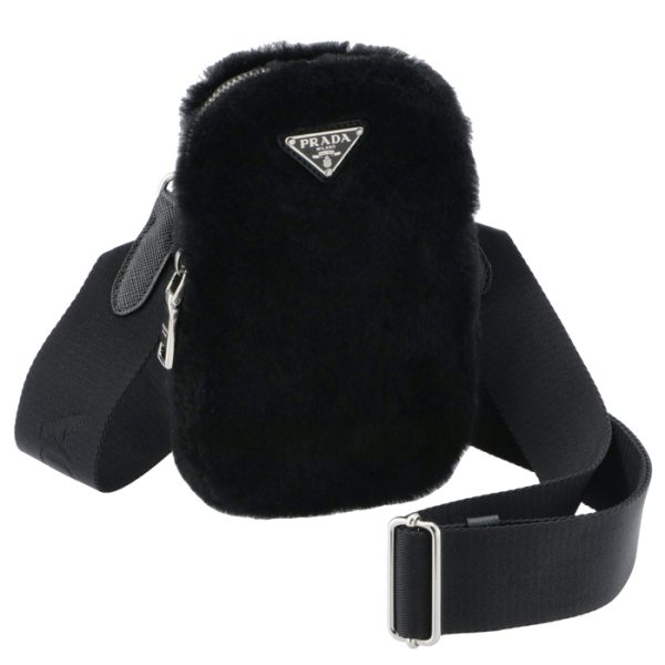 1bp027no12ec9002 PRADA Shearling Triangle Mini Crossbody Black