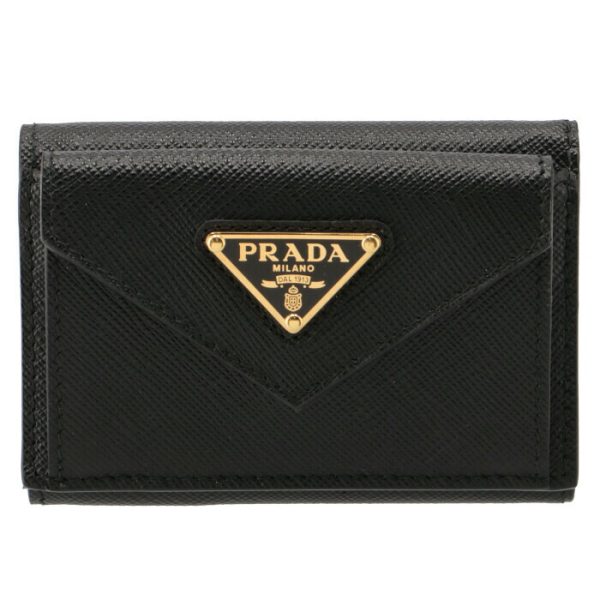 1mh021qhh002 1 PRADA Saffiano Triangle Mini Trifold Wallet Black