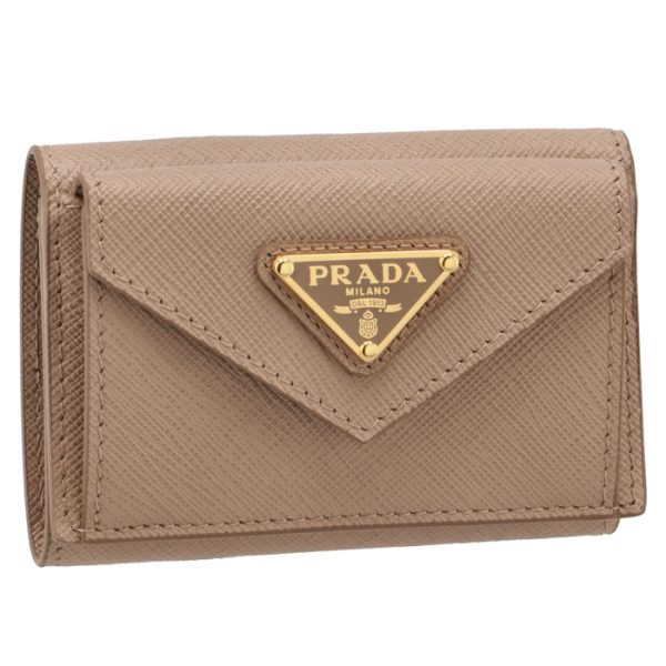 1mh021qhh236 PRADA Saffiano Triangle Mini Trifold Wallet Beige