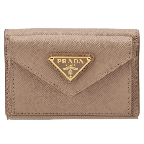 1mh021qhh236 1 PRADA Saffiano Triangle Mini Trifold Wallet Beige