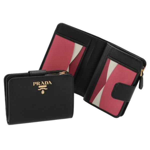 1ml018zlp61h PRADA Bifold Saffiano Bicolor Mini Wallet Black x Pink