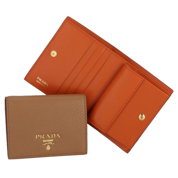 1mv2042bg5nv3 PRADA Bifold Calf Leather Mini Wallet Brown x Orange